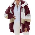 thumbnail image 1 of Womens Winter Fuzzy Fleece Jacket Hooded Color Block Patchwork Cardigan Coats Outerwear with Pockets Wine Red XL, 1 of 9