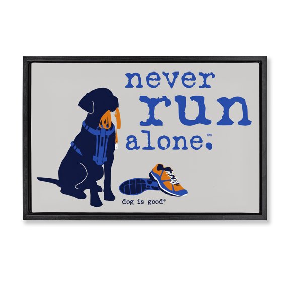 Stupell Industries Never Run Alone Dog Animals Painting Black Floater Framed Canvas Art Print Wall Art, 25 x 17