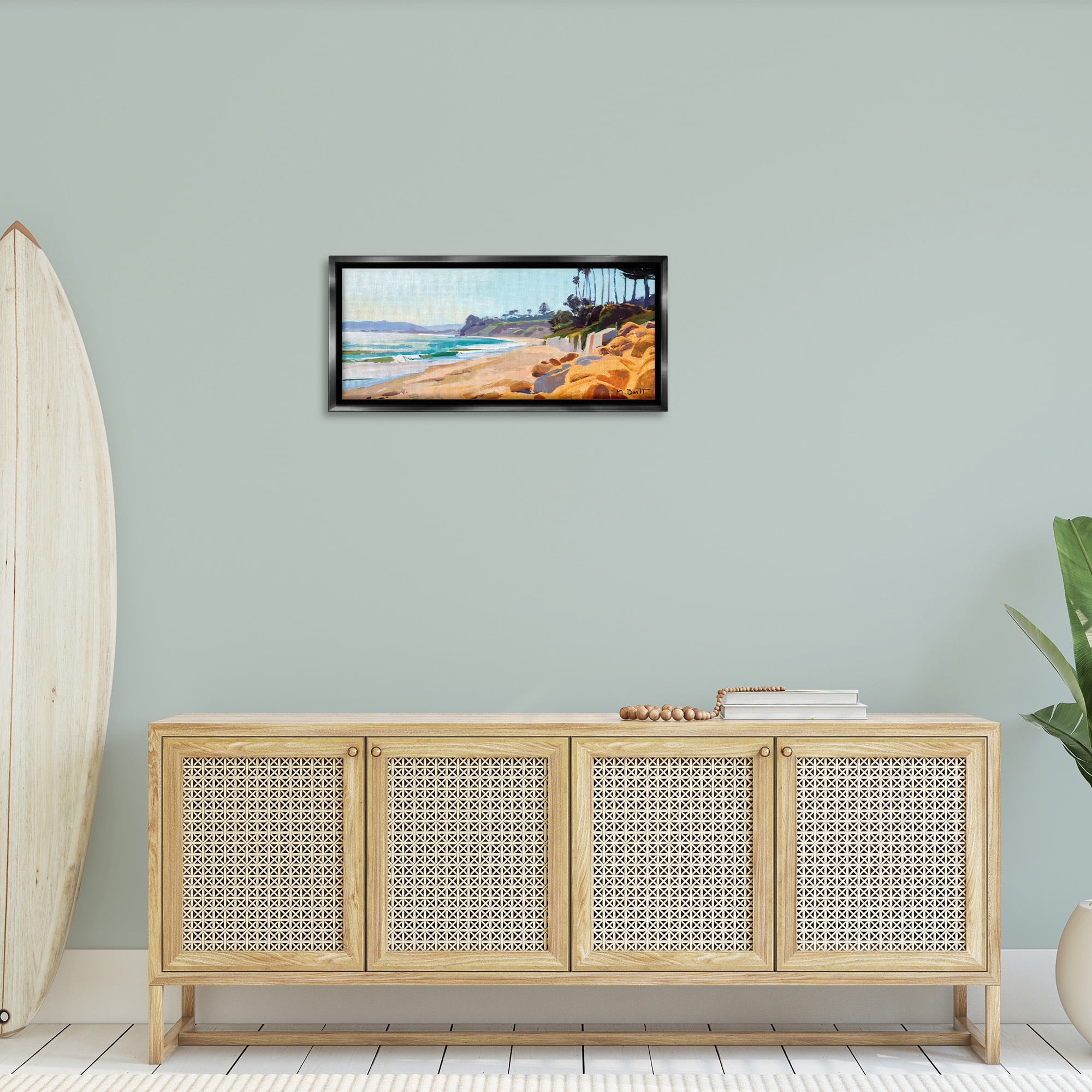 Stupell Industries Summer Beach Landscape Painting Nature Painting Black Floater Framed Canvas Art Print Wall Art, 31 x 14