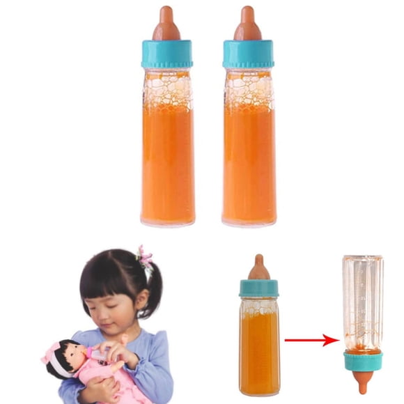 Juego de 2 biberones de juguete que desaparecen, biberones para muñecas con leche y jugo que desaparecen, accesorios para muñecas, juguetes para niños y bebés, gran regalo para niñas de 2 a 4 años