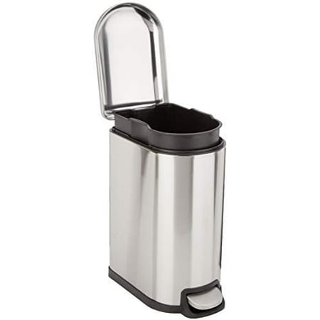 D-Shaped Small Trash Can with Soft-Close Step Pedal, Removable Inner Bucket, Carrying Handle, Smudge Resistant, 10 l / 2.6 gallon, Silver