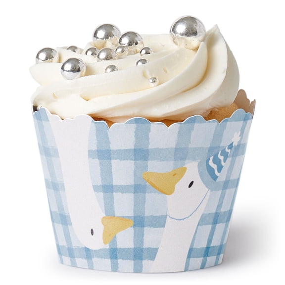 Big Dot of Happiness One Silly Goose Blue Cupcake Wrappers, Adjustable Fit, Boy 1st Birthday Party Favor Decorations, Goose-Themed Dessert Wraps - Set of 12