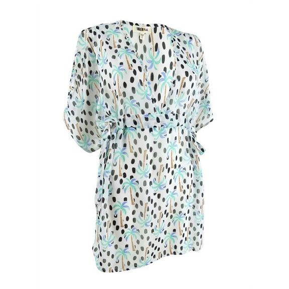 Miken Women's Printed Split-Sleeve Dolman Dress Swim Cover-Up (L, White Aqua)