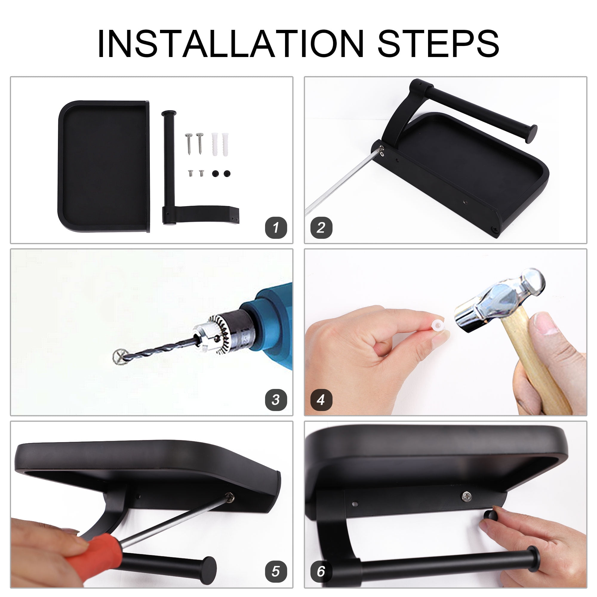 Toilet Paper Holder with Phone Shelf Aluminum Alloy Roll Holder Matte, Black