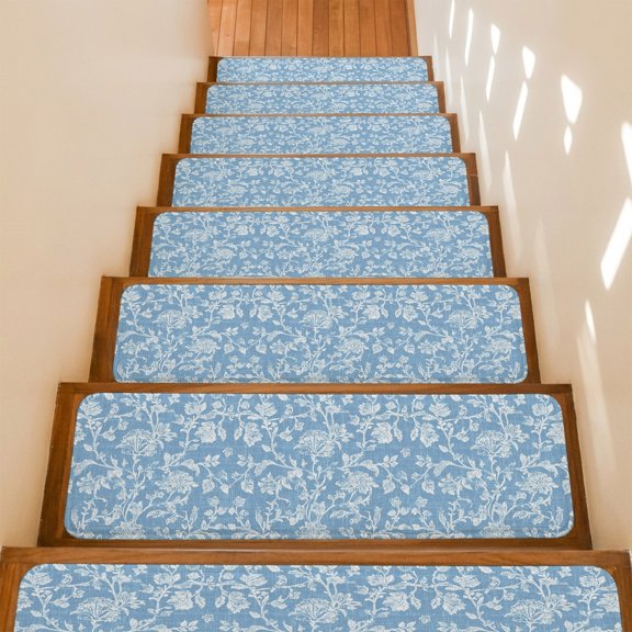 Sky Blue Flower Stair Treads Non Slip for Steps Pastoral White Plant Petal Leaf Rustic Linen 7 Pcs Reusable Adhesive Stair Runner Mats for Dogs Elders Carpet Treads Rugs for Staircase 8x30 In