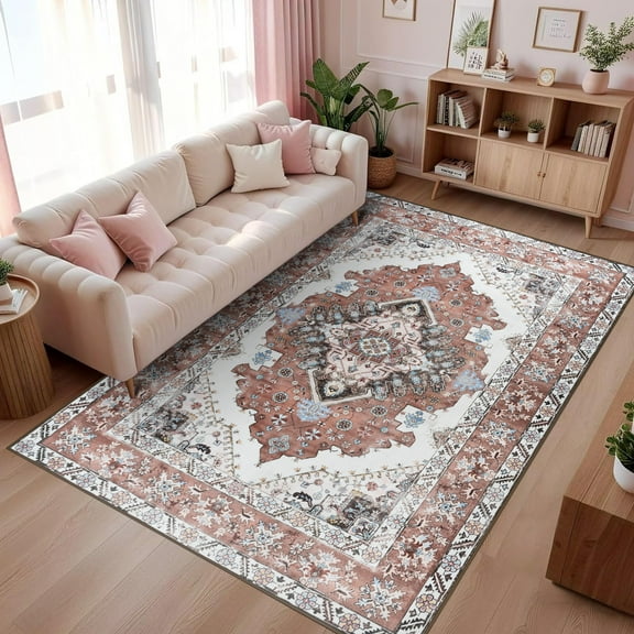 Wondo 5x8 Orange Red Area Rug - Machine Washable Non-Slip Rubber Backing, Low Pile Vintage Carpet for Living Room Bedroom Kitchen Dining Office