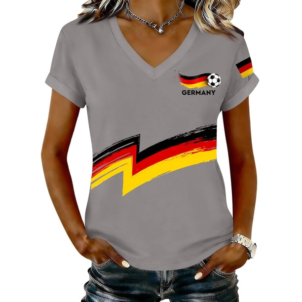 Women's Germany Football Graphic T-Shirt, V-Neck Casual Letter Print T-Shirt, Fashion Short Sleeve Graphic Tee, Summer Daily Lightweight Tops for Soccer Tournament 2026 Light Gray Size: 2XL