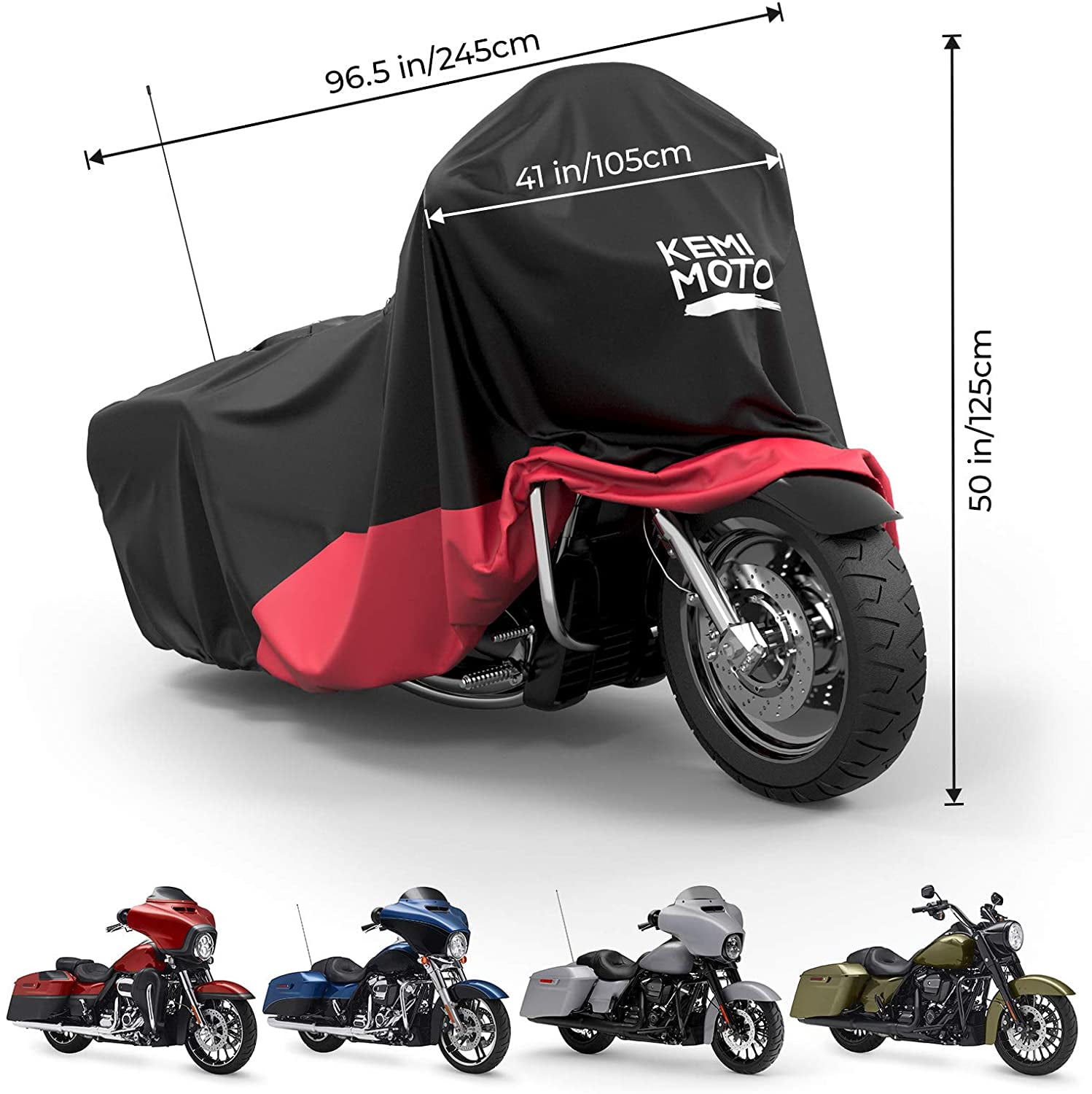 KEMIMOTO Motorcycle Cover, Compatible with Touring Models Road King Street Glide Road Glide Cover Waterproof Impermeable Outdoor All Weather Protect from Dust Sunlight Rain, Black