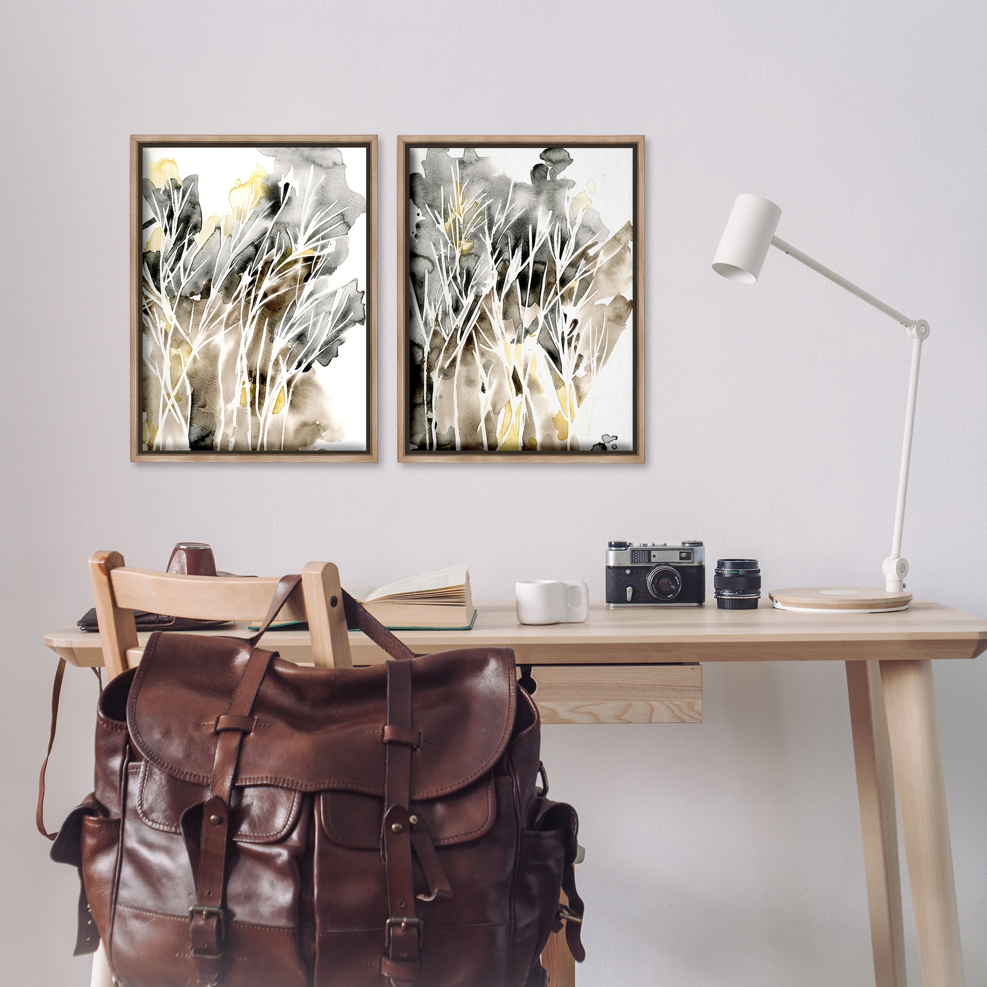 Stupell Industries Watercolor Splash with Tendrils Abstract Painting Brown Floater Framed Canvas Art Print Wall Art, 17 x 25, Set of 2