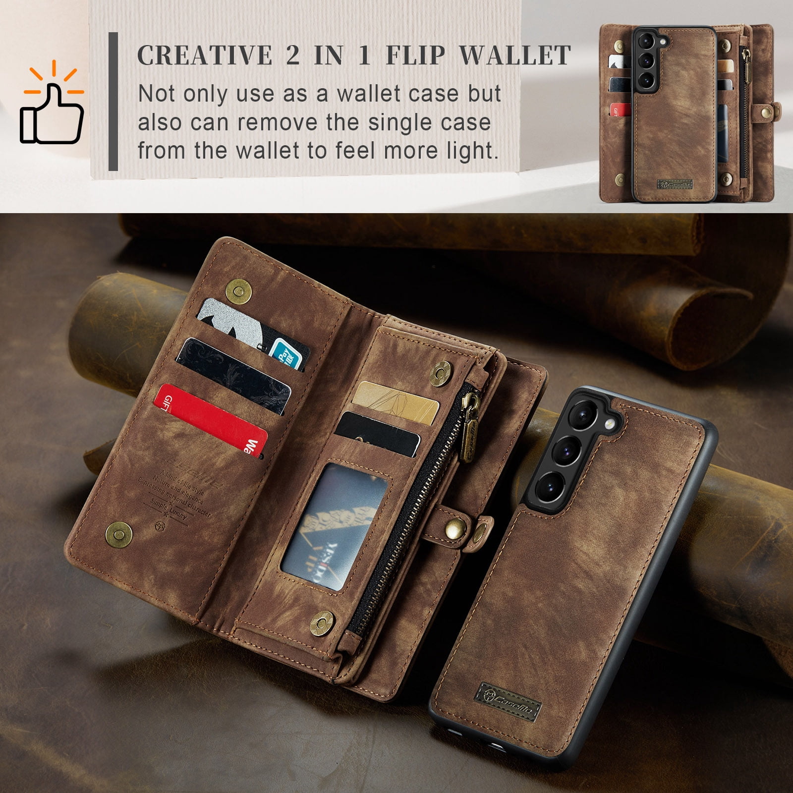 Allytech Magnetic Detachable Wallet Case for Samsung Galaxy A16 5G with Card Slots & Zipper Pocket, Support Wireless Charging, PU Leather Wrist Strap Shockproof Full Protection Flip Case, Darkbrown
