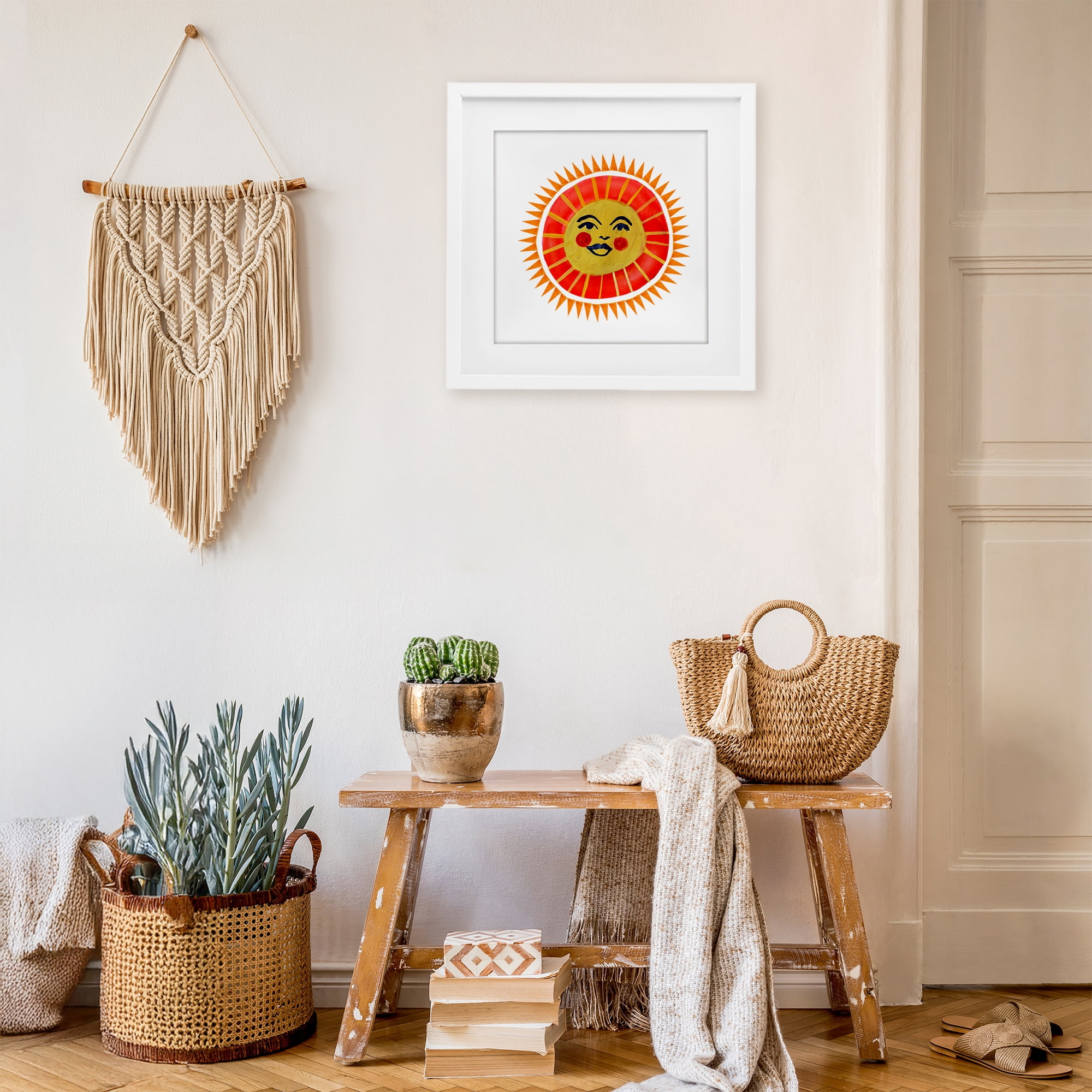 Stupell Industries Cheerful Boho Sun White Framed Print Under Glass, design by Katherine Herrell Studio