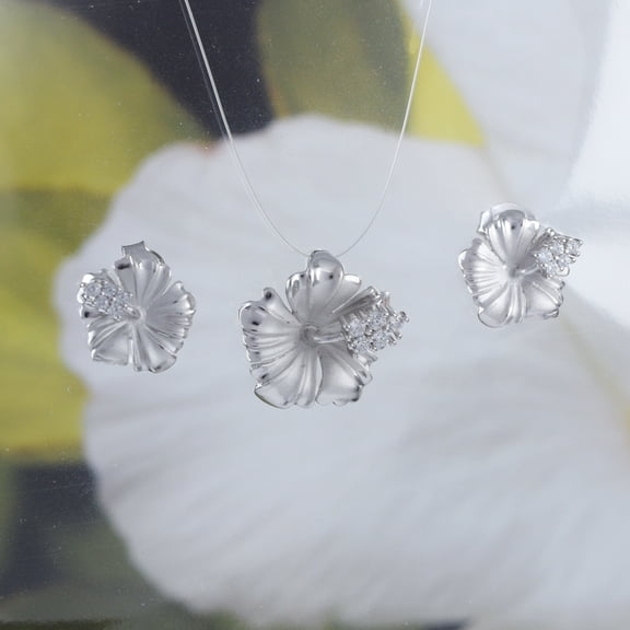 Pretty Hawaiian Hibiscus Necklace and Earring, Official Hawaii State Flower, Sterling Silver Hibiscus CZ Pendant, N6133S Birthday Mom Gift