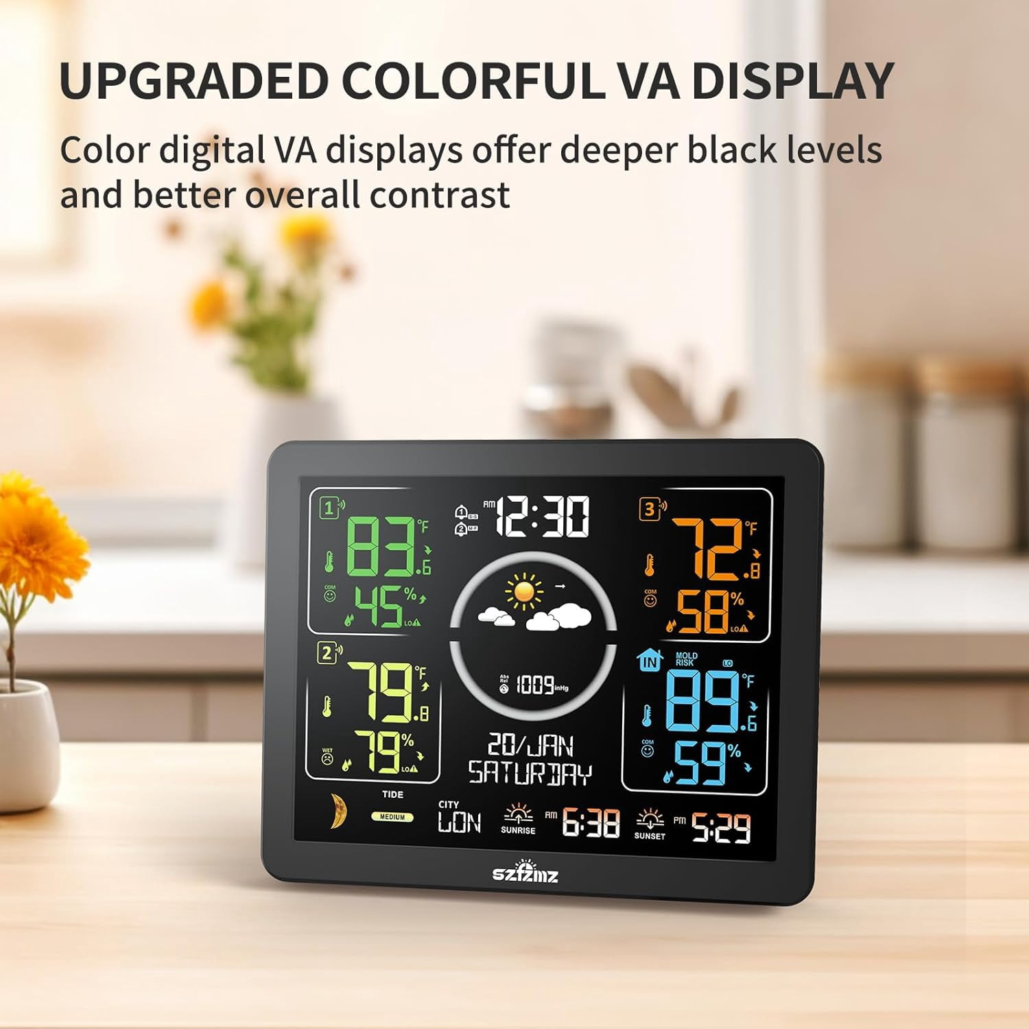 Weather Station Indoor Outdoor Thermometer Wireless with Multiple Sensors, VA Color Display Atomic Clock, Weather Forecast, Temperature, Humidity, and Adjustable Backlight
