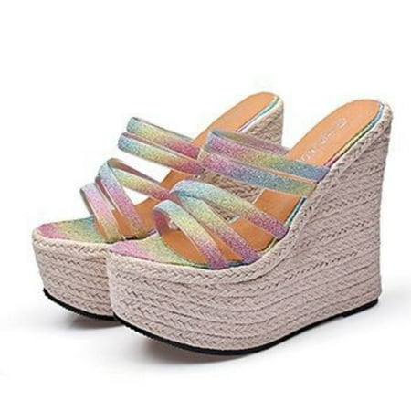 

Aayomet Platform Sandals Ultra High Wedge Heel Multi Strap Women Glitter Sandals Platform Toe Lady Espadrille Mules Catwalk Clear 6.5