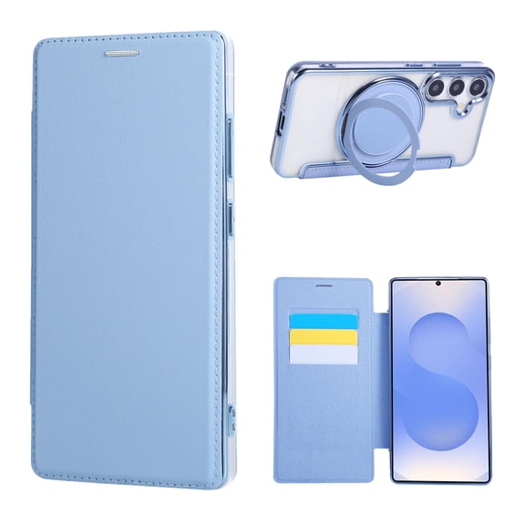 Slim Magnetic Wallet Case for Samsung Galaxy S25, PU Leather RFID Blocking Card Slots Shockproof Plating TPU Bumper & Transparent Back, Full Body Protection Durable Stand Rugged Case, Blue
