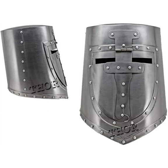 THOR INSTRUMENTS Medieval Visored Great Helmet German Flat Top Plate Armor Helmet 18G Steel Rustic Vintage Home Decor Gifts