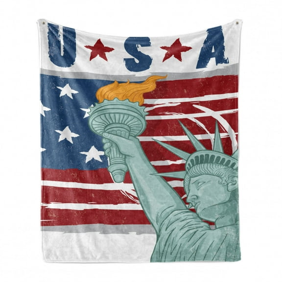 American Soft Flannel Fleece Throw Blanket, Retro USA Flag Drawing with Statue of Liberty National Heritage, Cozy Plush for Indoor and Outdoor Use, 50" x 60", Almond Green White, by Ambesonne