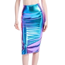 SWSMCLT Women's Midi Bodycon Skirt Pencil Skirt Metallic High Waist Mardi Gras Sexy High Slit Sheath Skir Blue Small