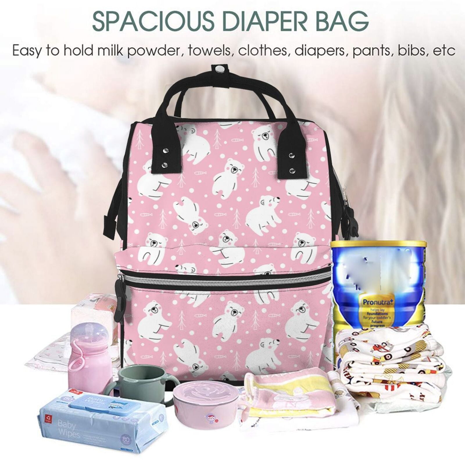Fuzoiu Pink Cartoon Bear Print Diaper Bag Backpack,Baby Essentials Travel Tote,Multi function Waterproof Diaper Bag, Travel Essentials Baby Bag - Unisex
