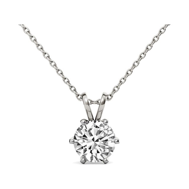 1 Carat | 14K White Gold | IGI Certified Lab Grown Diamond 6 Prong Solitaire Diamond Pendant Necklace | Round Shape Pendant With Gold Chain | F-G Color, VS1-VS2 Clarity | Friendly Diamonds