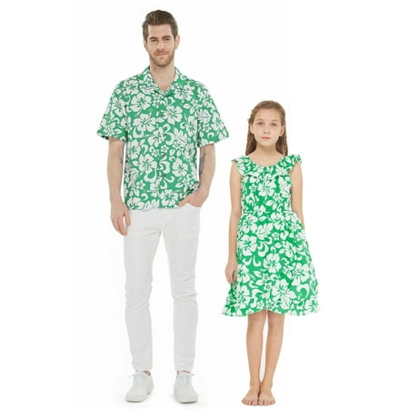 

Matching Father Daughter Hawaiian Dance Shirt Wrap Ruffle Dress Classic Hibiscus Red