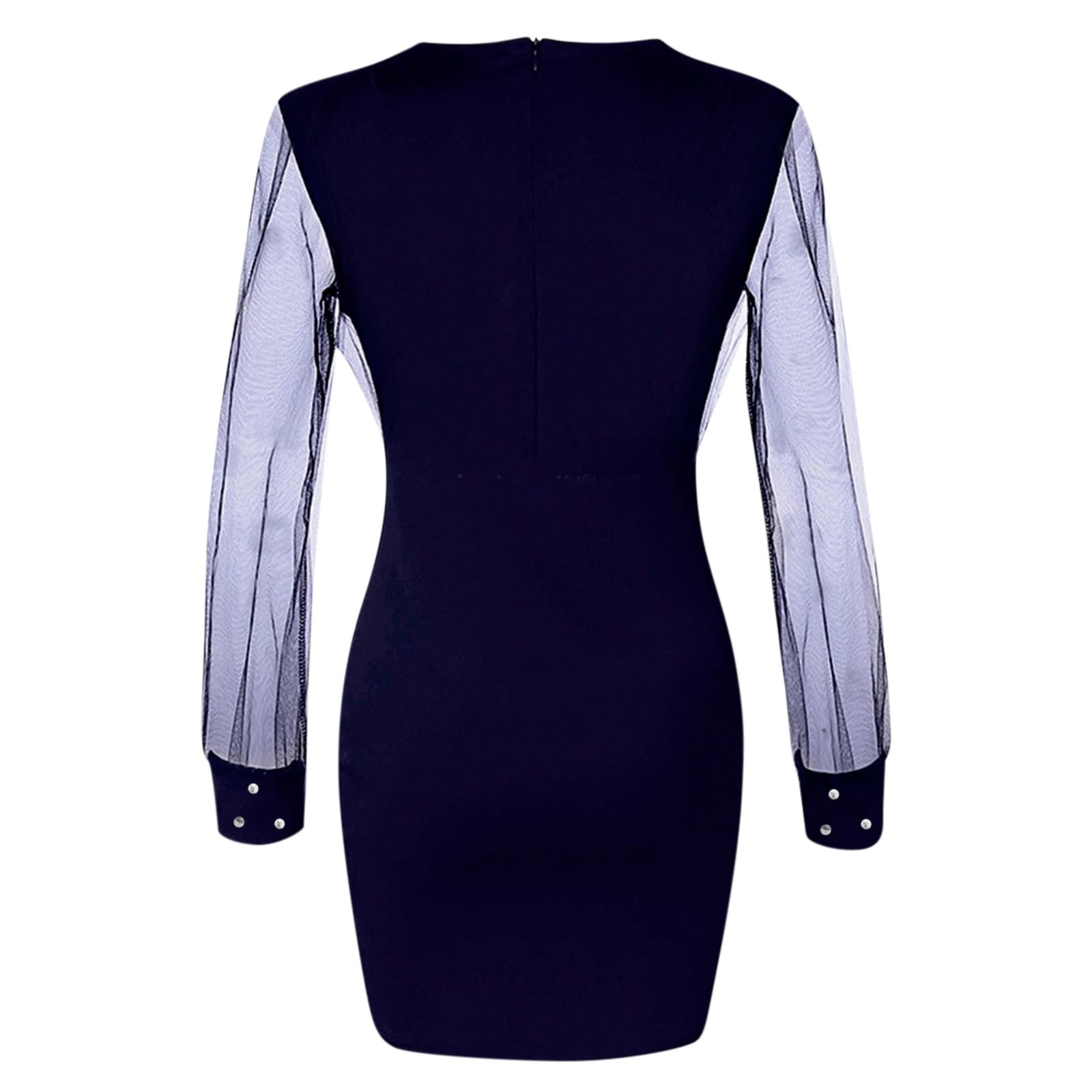 JGGSPWM Women's Sheer Long Sleeve V Neck Mini Dress Pearl Beading Dresses Navy L