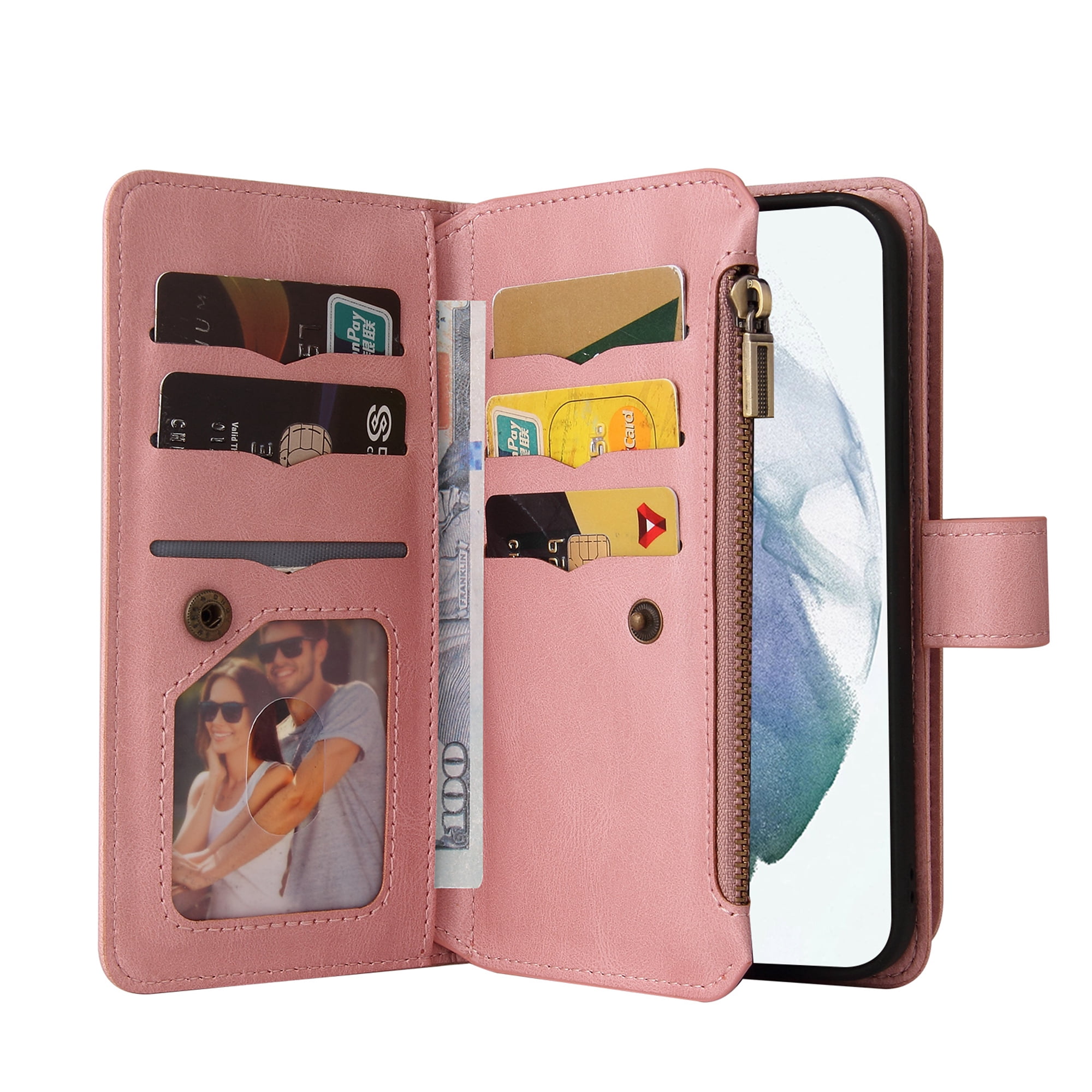 Phone Case for Samsung Galaxy S24 Ultra, S24 Ultra Wallet Case, Luxury Folio Flip Leather Cover [Zipper Pocket] [Wrist Strap] [Kickstand] for Samsung Galaxy S24 Ultra, Pink