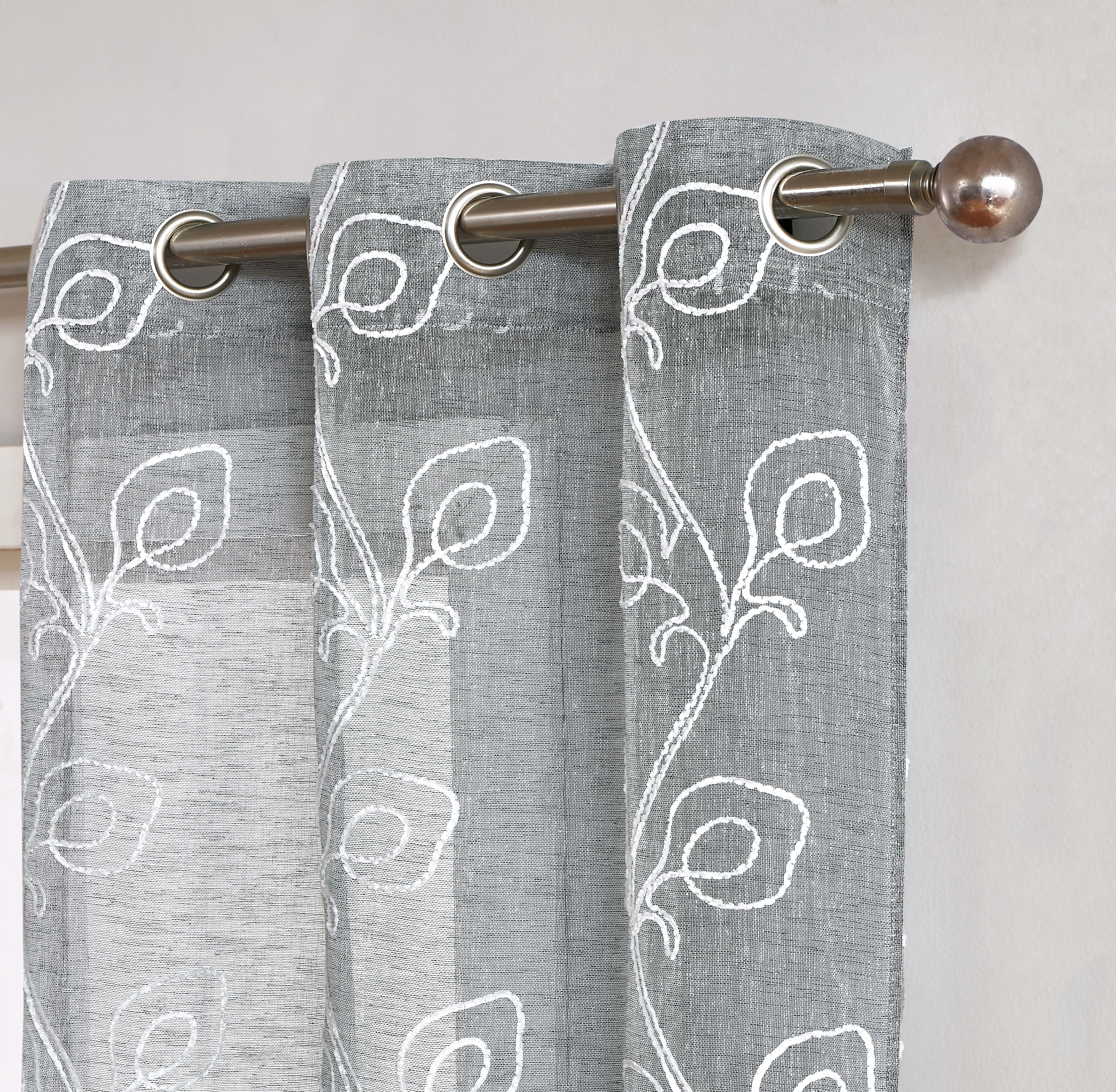 Dainty Home Stella 3D Floral Chenille Embroidered Solid Sheer 76" x 84" Window Curtain Panel Pair in Grey