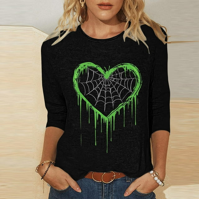 VKOYWKM T-Shirts d'Halloween pour Femmes T Hauts à Manches 3/4 T-Shirts Graphiques Mignons avec Cœur Haut de Fête d'Halloween Coupe Ample Col Rond Blouses d'Automne
