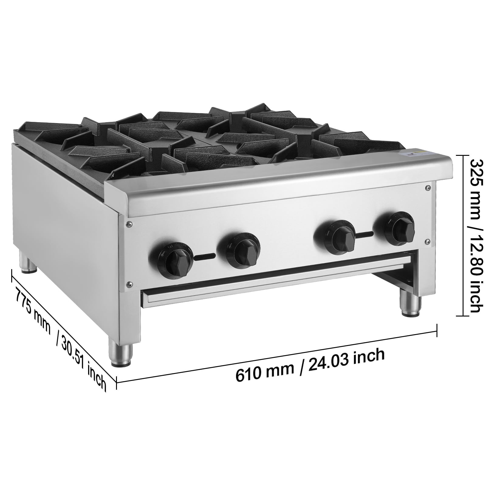 SKYSHALO Gas Cooktop for Commercial Use, 4-Burner Range, Dual Fuel with Propane & Natural Gas, Stainless Steel Construction, Ideal for Restaurants, 112,000 BTU