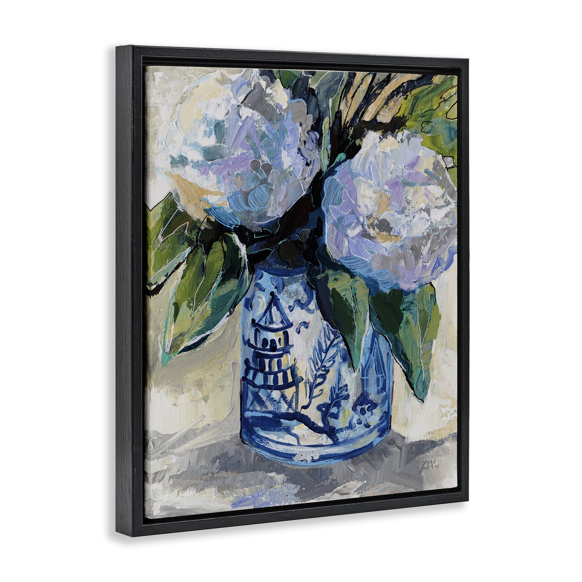 Stupell Industries August Blooming Bouquet Plants & Flowers Painting Black Floater Framed Canvas Art Print Wall Art, 25 x 31
