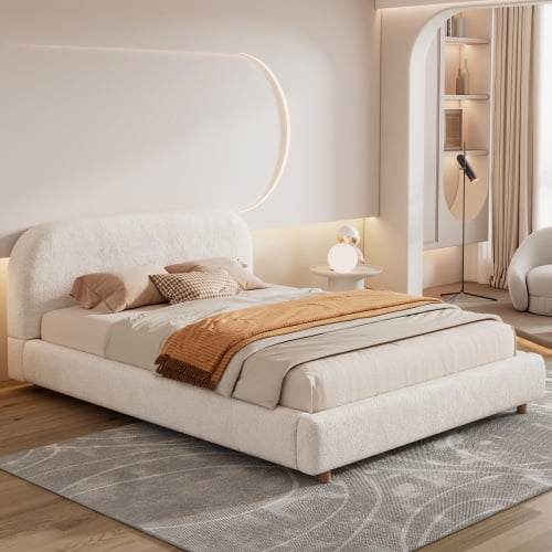 Lit Rembourré Moderne Minimaliste, Format Grand Lit, avec Tête de Lit Douce, Recouvert de Tissu à Poils Bouclés, Sans Espace de Rangement, Matelas Non Inclus, Beige