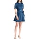 thumbnail image 2 of INSPIRE CHIC Women's Ruffle Neck Stand Collar Tie Waist Satin Puff Short Sleeve Dresses Blue L, 2 of 6