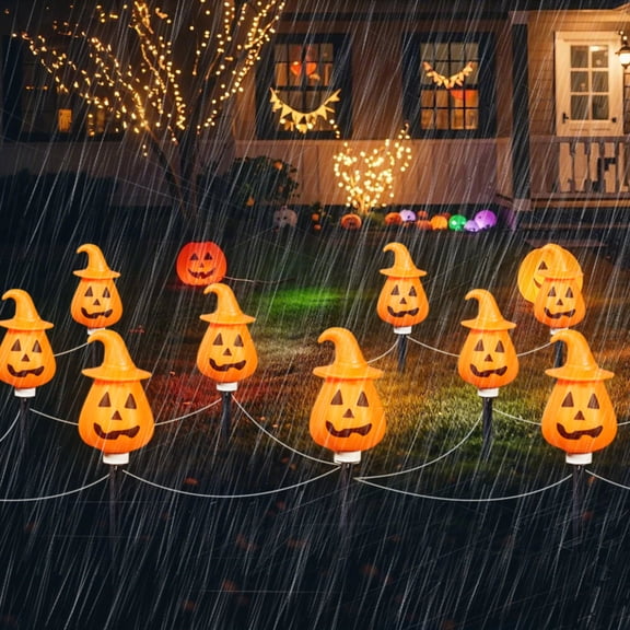 MInHoues 6 Pack Solar Pumpkin Witch Hat Stake String Lights,13 Inch Waterproof LED Pumpkin Pathway Lamp for Outdoor Yard Lawn Garden Halloween Decor