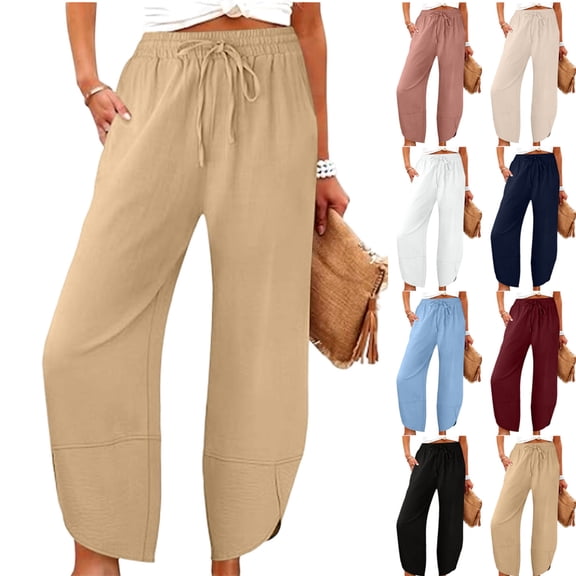 Oksale Barrel Pants for Women Petite Elastic Waisted Ankle Pants with Pockets Summer Loose Straight Leg Solid Travel Pants Black M
