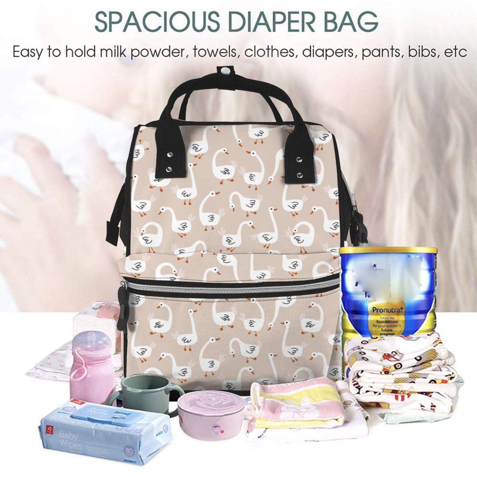 Ratiio White Goose Mummy Backpack - Waterproof Twill Canvas, Large Capacity Diaper Bag with Multiple Pockets and Adjustable Straps