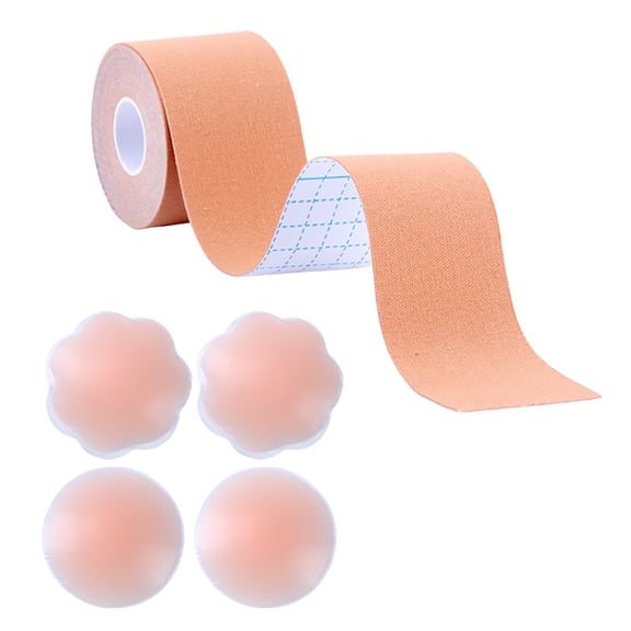 Boob Tape, Instant Breast Lift Tape for A-G, Bob Tape for Breast Lift with 1 Breast Tape, 1 Pair Round Silicone Nipple Covers, 1 Pair Petals Silicone Nipple Covers(2inch)