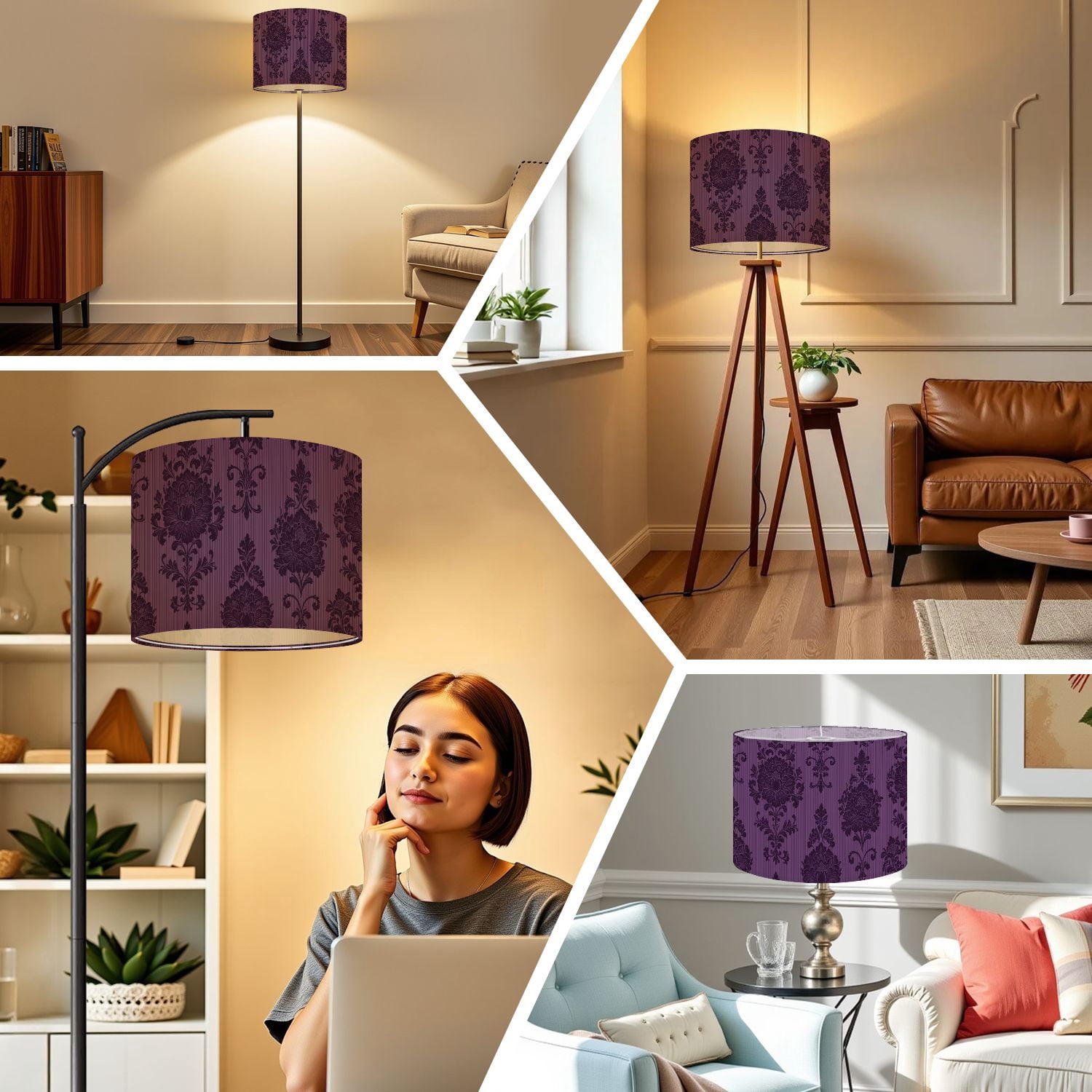 Gothic Linen Drum Lampshades Elegant Purple Damask Floral Vintage Baroque Style 13"x13"x10" Light Shade for Table Lamps Floor Lamp Shades Lampshade Replacement Assembly Required