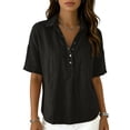 thumbnail image 3 of Fgvctg Cotton Linen Polo Shirt Half Button Placket Loose Fit Tops 3/4 Sleeve Blouse Casual Dressy Tops Basic Tops Gauze Tees Button Down Shirts Casual Tops Trendy Travel Tops Loose Fit Black XL, 3 of 7