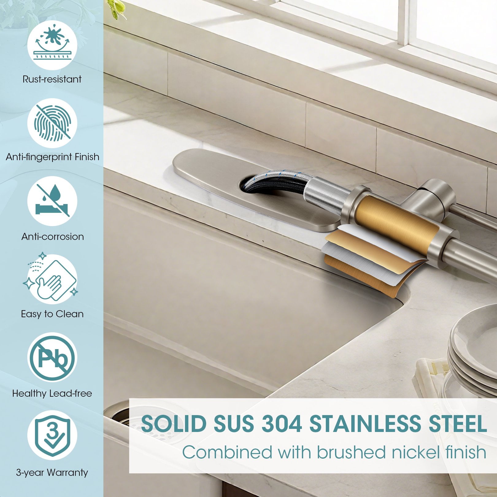 Wowkk Sanitary Ware Kitchen Sink Faucet with Pull Down Sprayer, Single Handle SUS304 Stainless Steel Kitchen Faucets with Deck Plate, Brushed Nickel