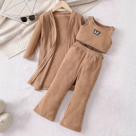 ZHOGXU Big Girls Outfits Long Sleeve Solid Color Jacket Pants And Tank Top Comfortable Fashion Sets For Casual Daily Wear Khaki 9-10 Years