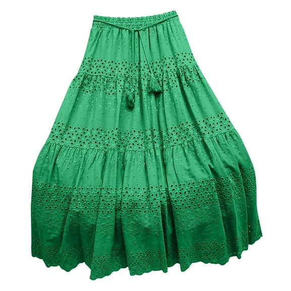 hoksml Women's Solid Color Eyelet Embroidery Maxi Skirt, High Elastic Waist Tiered A-Line Skirt with Tassel Tie