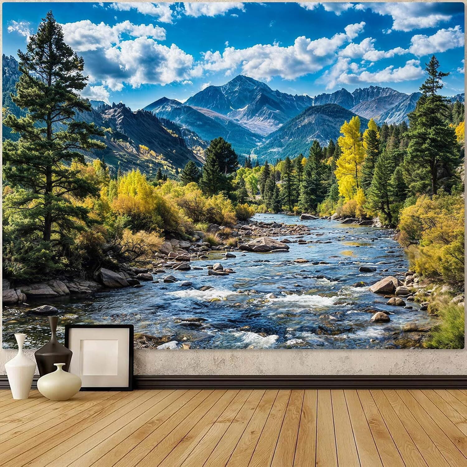 Nature Forest Mountain Tapestry Green Pine Tree Tapestry for Bedroom Aesthetic White Clouds Flowing River Landscape Classroom Tapestries Wall Hanging for Living Room Dorm Office90x60in