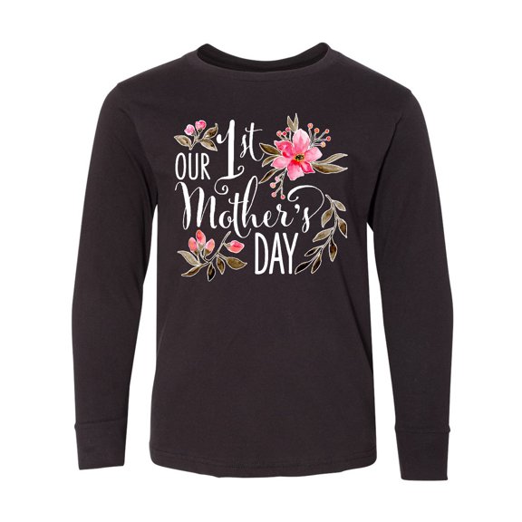 Inktastic Our First Mother's Day- pink flowers Long Sleeve Youth T-Shirt