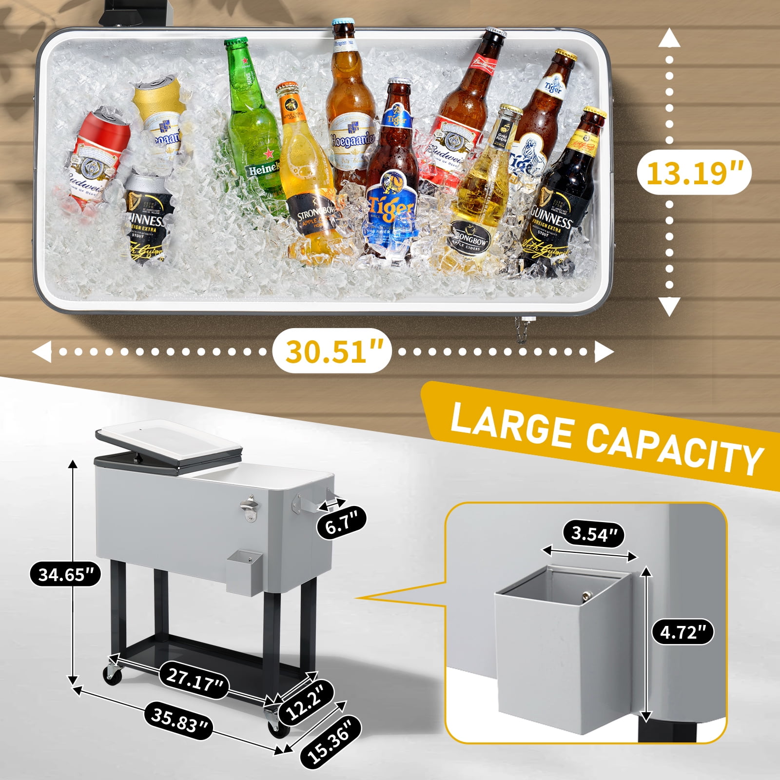 UBesGoo 80 Quart Patio Cooler Rolling Cooler Ice Chest with Shelf, Wheels and Bottle Opener, Iron Ice Chest Portable Patio Party Drink Cooling Cart