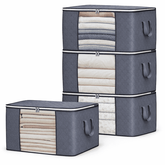 Brotasdro 4 Pack 90L Large Storage Bags with Clear Window & Reinforced Handles, Foldable Closet Organizer for Clothes, Blankets & Comforters, Gray