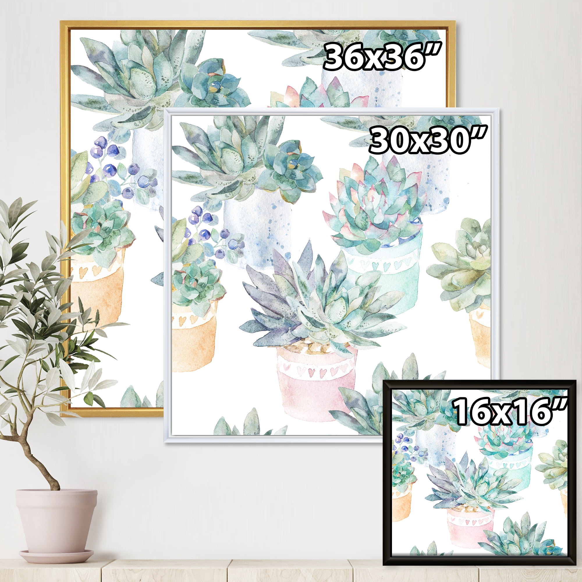 Designart 'Pastel Toned Succulent Housplants in Flowerpots' Traditional Framed Canvas Wall Art Print