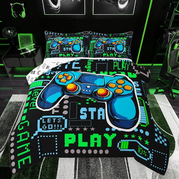 jejeloiu Pixel Miners Grid Bedding Comforter Set,Boys Gamepad Console Twin Comforter Sets,Teens Video Game Bedding Set For Kids,Microfiber Bedroom Decor Reversible,2pcs