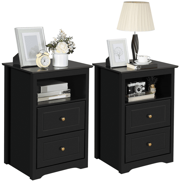 Yaheetech Set of 2 Nightstands with 2 Drawers & Open Shelf, Wooden Bedside Tables for Bedroom, White
