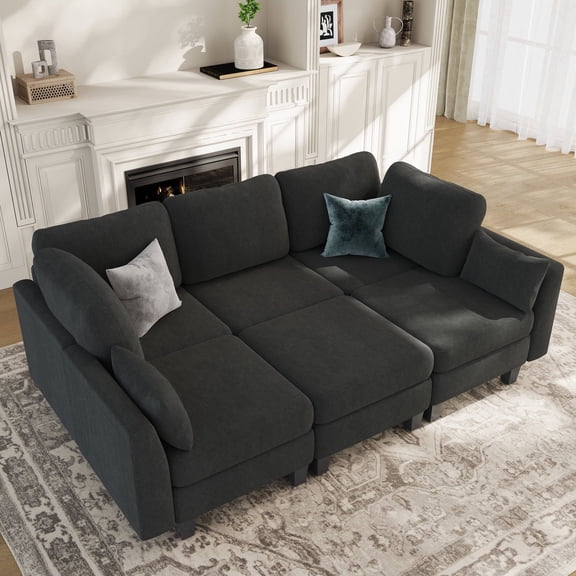 Huatean Modular Sleeper Sofa 6-Seat Sectional Couch with Ottoman for Living Room, Dark Gray